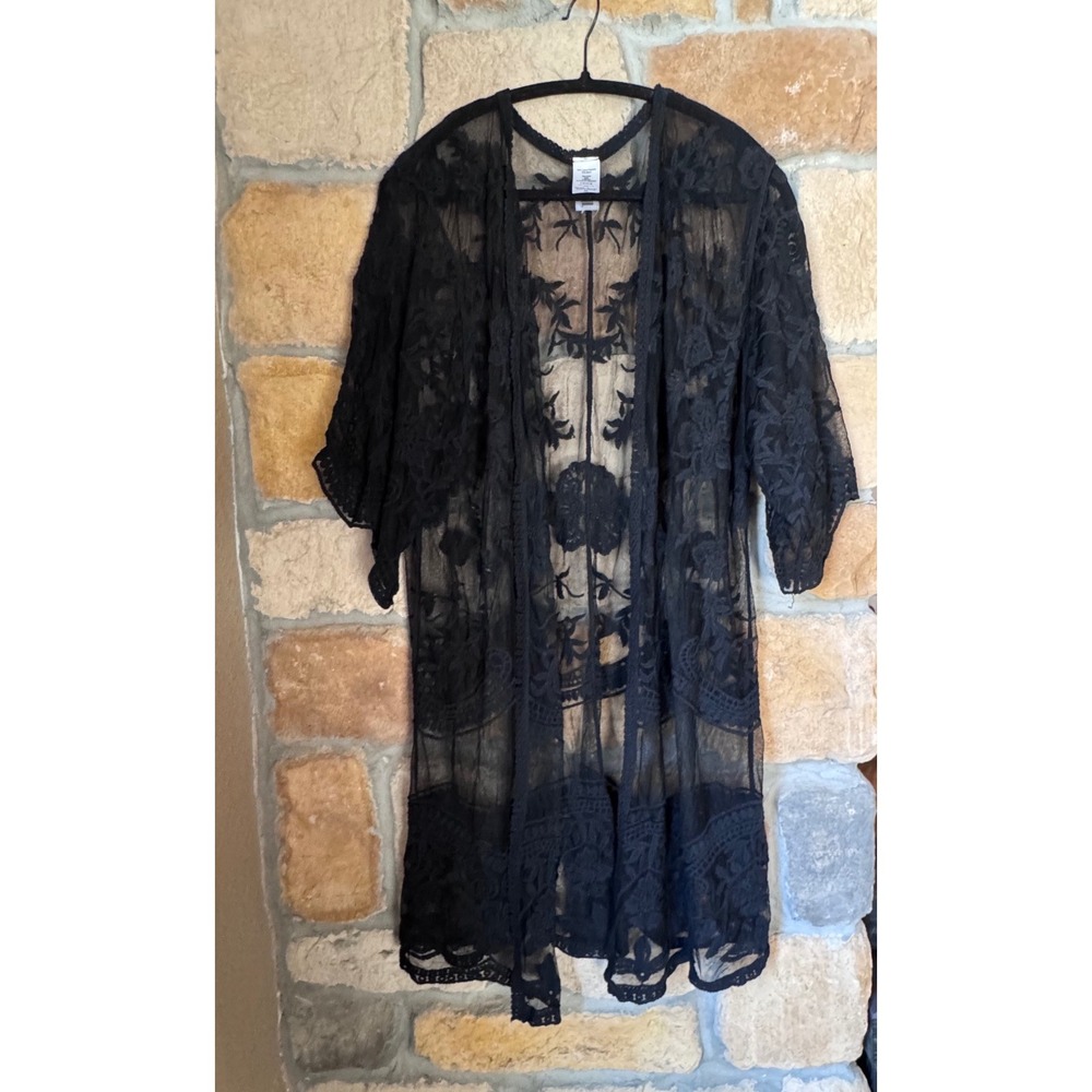 Black Lace Sheer Kimono Duster Floral‎ Embroidered Open Front S/M TT201330